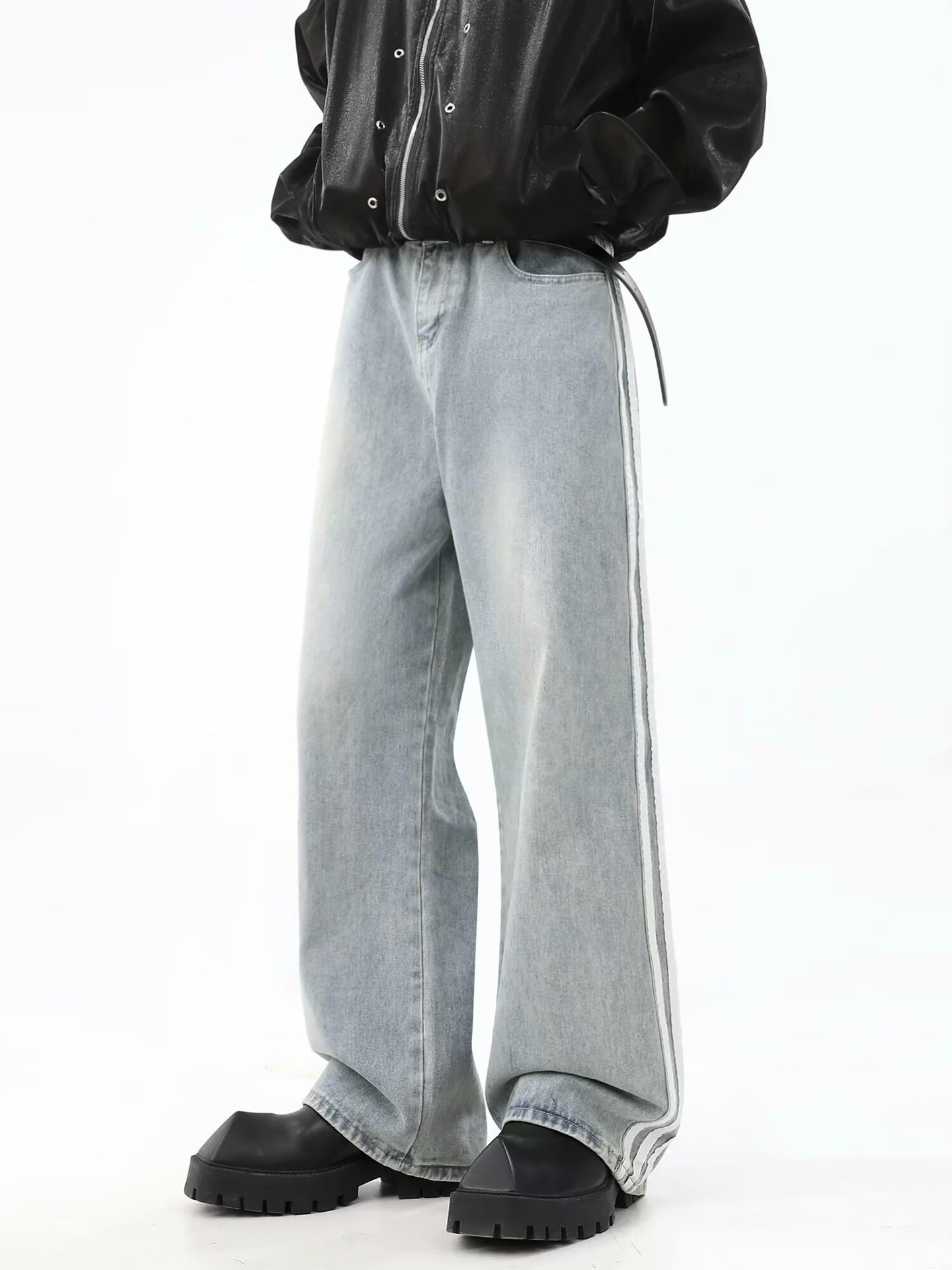 FUIV 美式条纹拼接牛仔裤男潮复古直筒宽松高街高街潮流痞帅长裤详情5