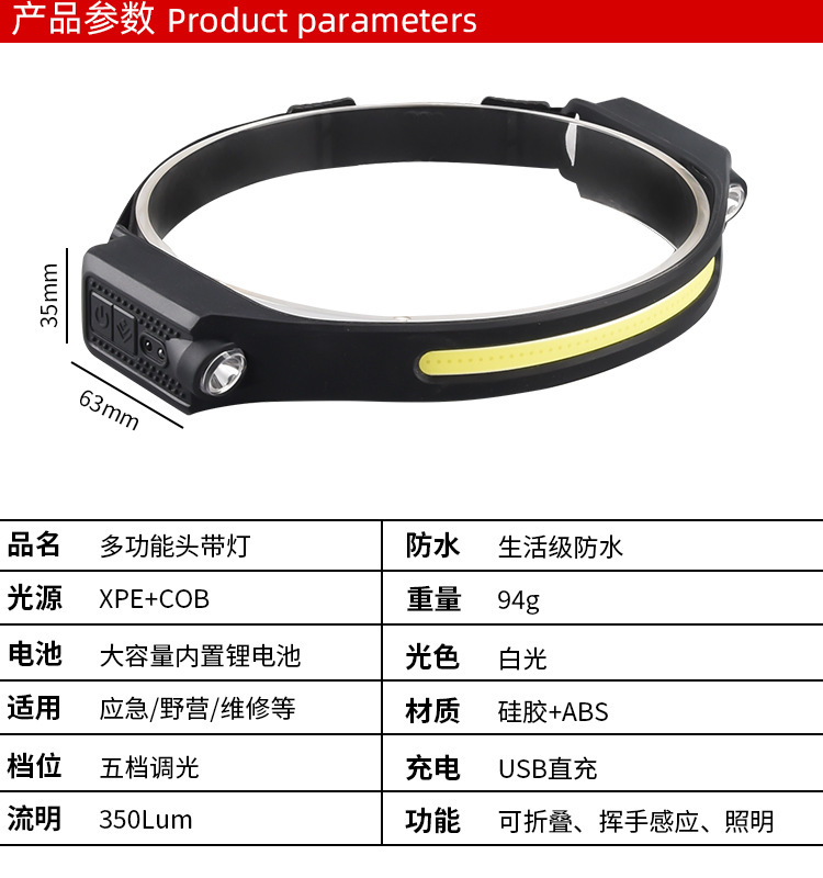 Cross-border new single and double side COB sensor headlamp LED outdoor night running and fishing Type-C rechargeable floodlight pic 14