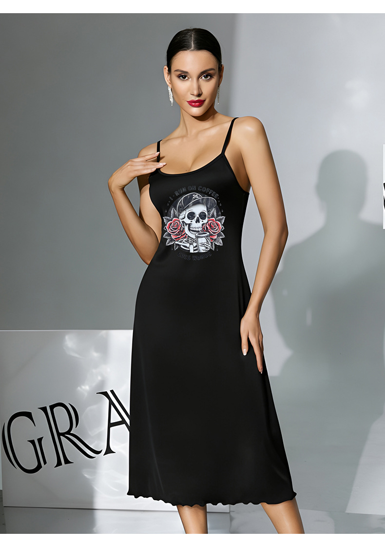 Milk silk skin-friendly halter long dress for women. Multiple patterns to choose from. Printed black and white ear trim. Home wear and sleeping dress 930 pic 16
