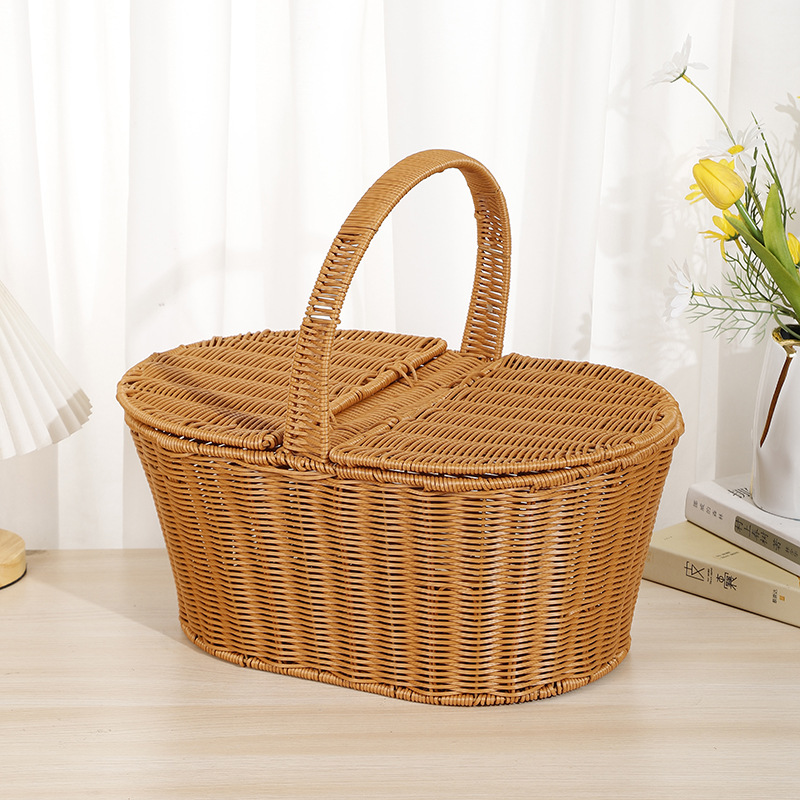 Flower basket, hand-held plastic rattan imitation rattan woven flower arrangement, waterproof hand-woven, hand-held festival souvenir basket, flower blue pic 3