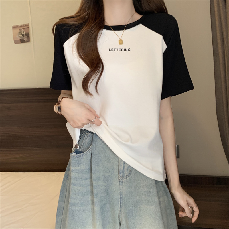 短袖T恤女夏季印花字母打底衫大码显瘦休闲正肩撞色抽绳上衣外穿详情5