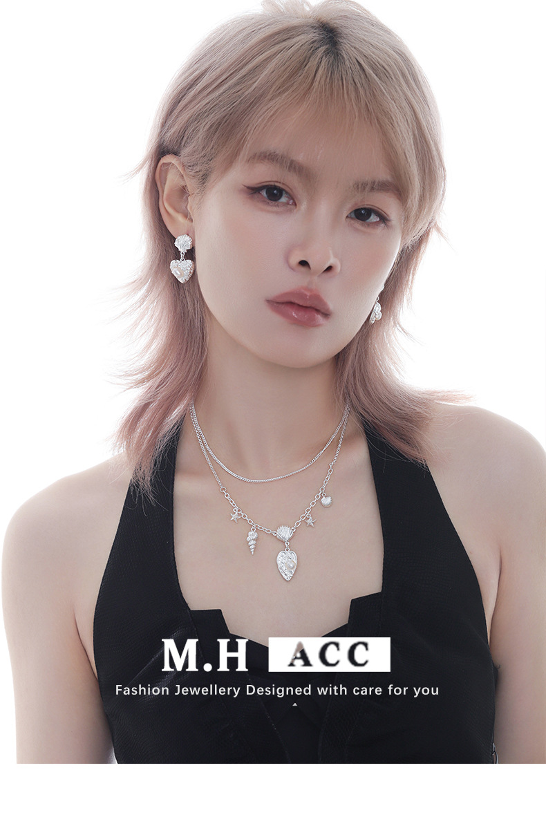 Deep-sea Shiguang Heart-shaped Shell double-layer necklace, original design for women, fashionable and versatile, summer vacation style collarbone chain pic 4