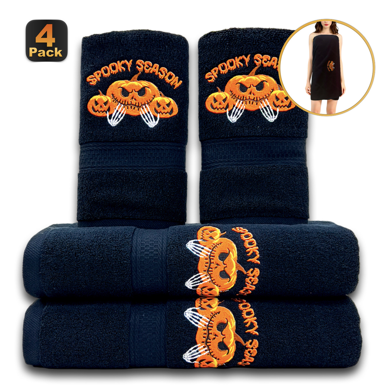 跨境批发纯棉毛巾浴巾四条装 全棉吸水刺绣万圣节圣诞节新年礼物详情6