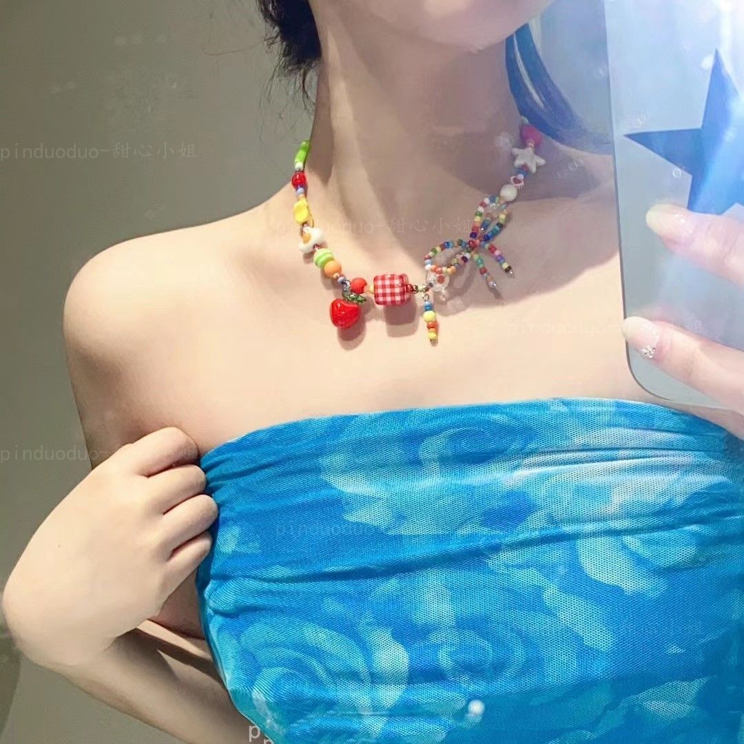 Fun and sweet girl, colorful Apple Paradise necklace, sweet and cool girl style, high appearance level, beaded collarbone chain new style pic 3