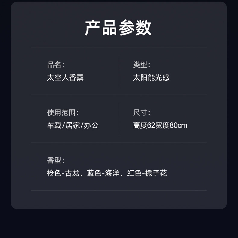 新款太阳能车载摆件太空人三色旋转香薰持久散香创意设计车用装饰详情11