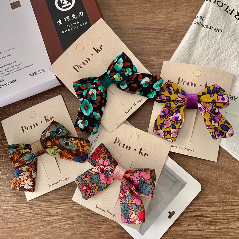 韩版彩色系碎花布艺女童bb夹蝴蝶结发夹少女心侧边碎发夹刘海夹详情4