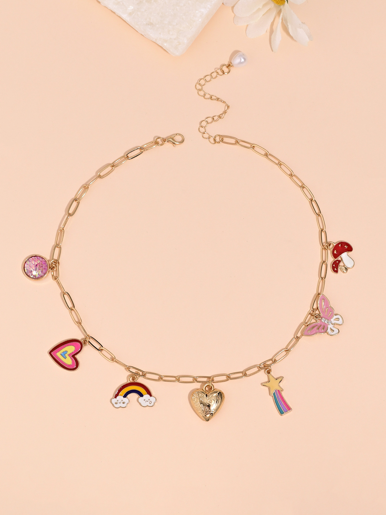 跨境新款时尚简约爱心彩虹蝴蝶蘑菇珍珠流苏项链女甜美百搭锁骨链详情7