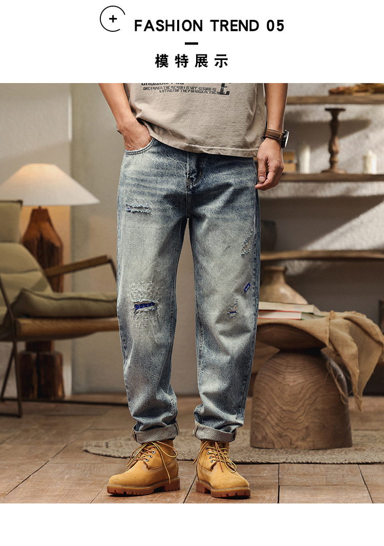 美式复古破洞牛仔裤男宽松直筒潮牌重磅水洗刺绣时尚哈伦男装长裤 男士时尚牛仔裤详情8