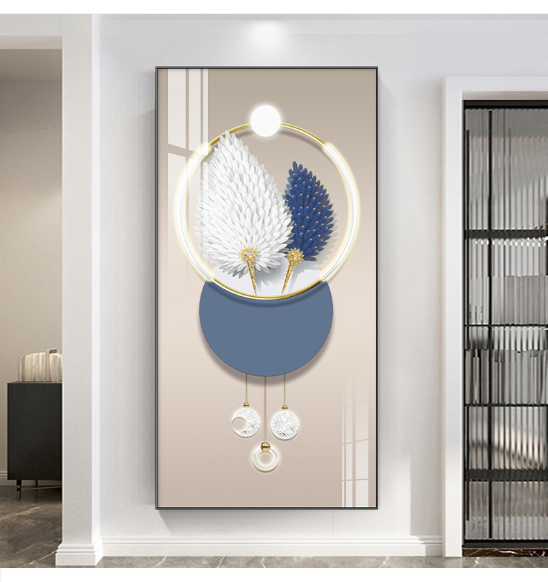 Feather entrance hall decorative painting, modern light luxury living room corridor corridor mural, vertical panel entrance background wall hanging painting pic 17