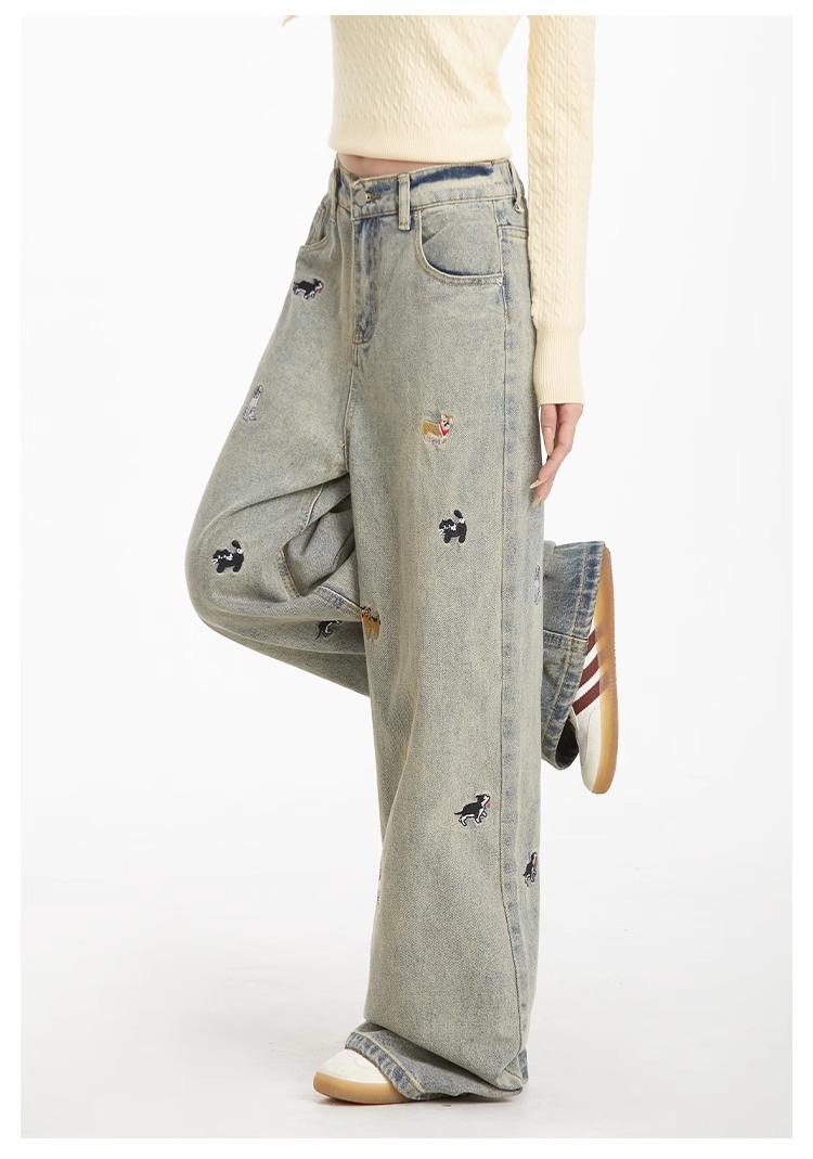 Light-colored high-waisted straight-leg jeans for women, 2025 new embroidered American retro washed wide-leg loose floor-length pants pic 9