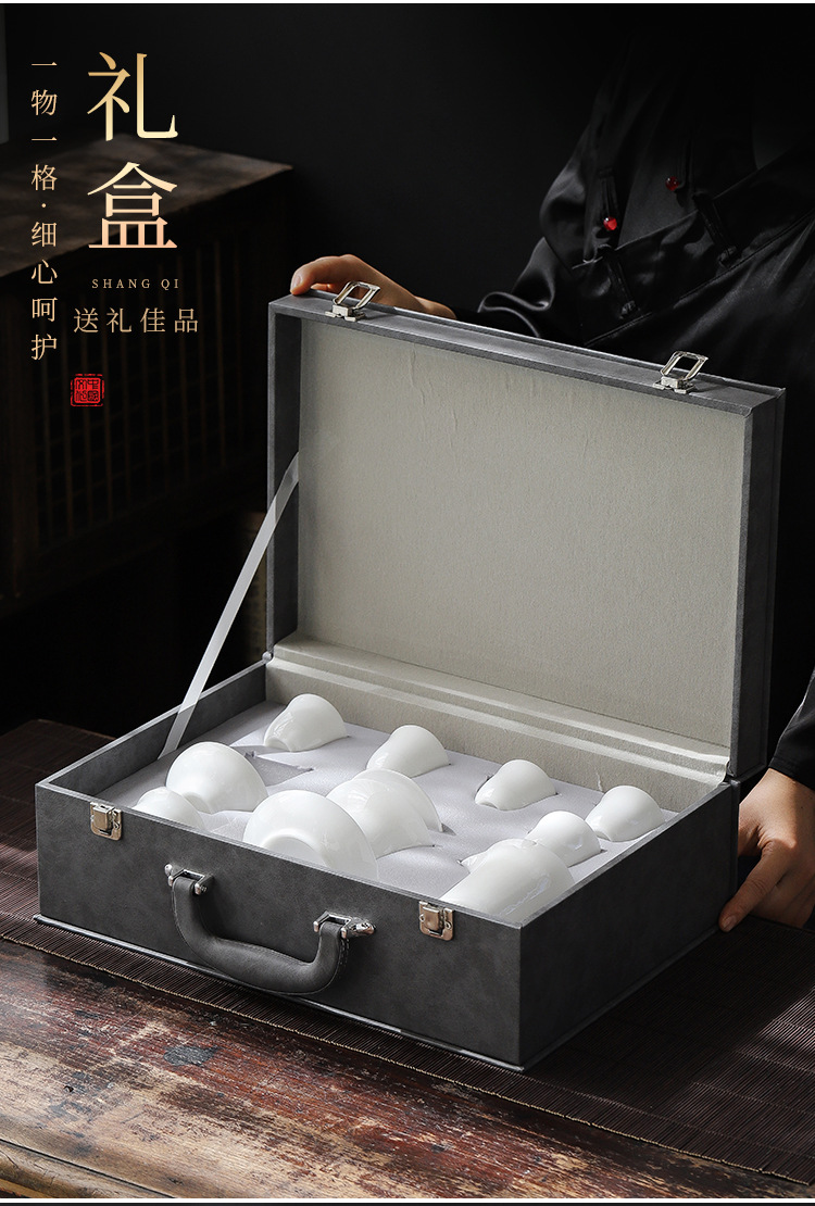 Dehua Light luxury sheep fat jade white porcelain ice jade porcelain tea set, home gift covered bowl Tea cup complete set as a souvenir pic 6
