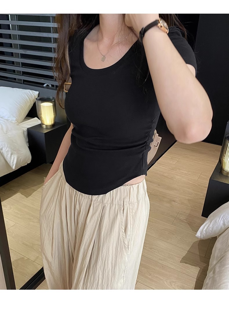 辣妹正肩紧身短袖T恤女 2025夏季新款直播显身材 茶艺风格低领紫色上衣 女式T恤青春时尚潮流详情25