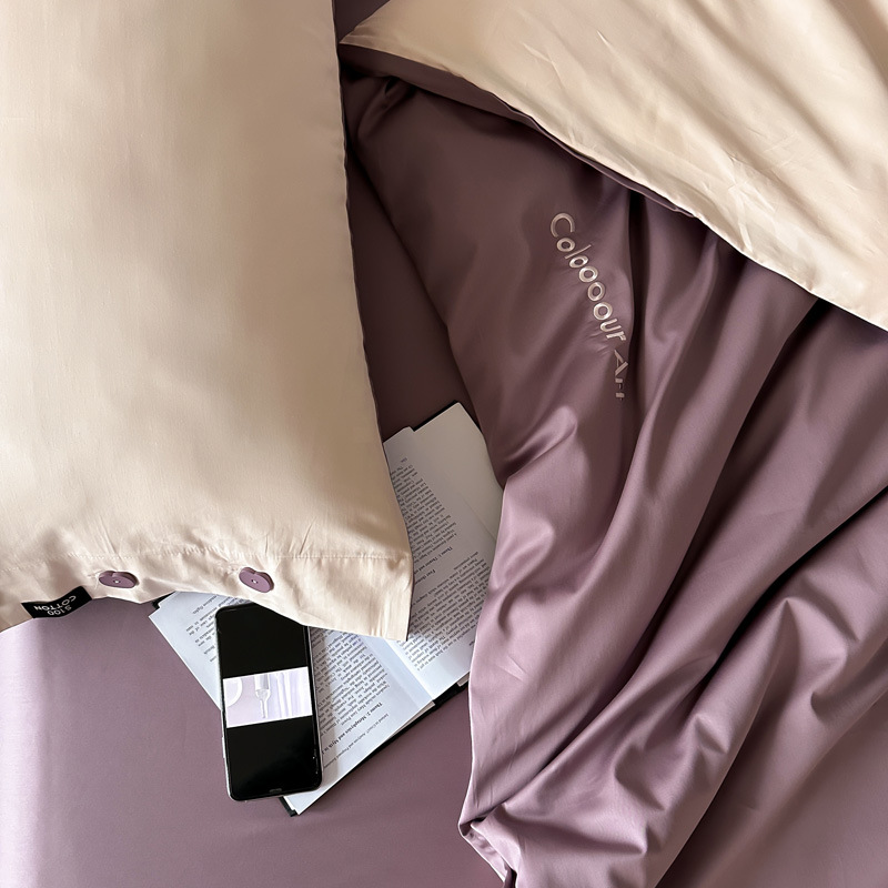 Simple, light luxury and fashionable solid-color long-staple cotton four-piece set, pure cotton letter-embroidered duvet cover, double bedding pic 104