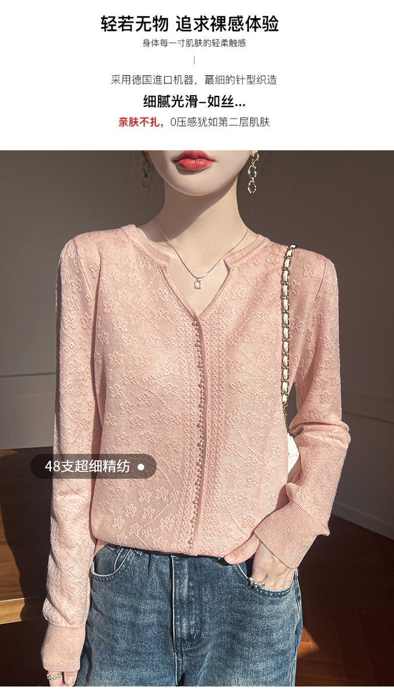 春季新款女装 精纺羊毛打底衫 气质长袖上衣 蕾丝镂空设计 珍珠扣提花针织衫 女士优雅时尚加工详情2