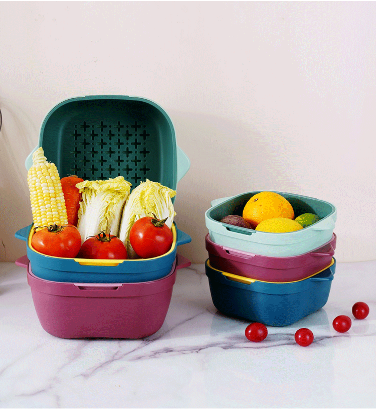 Household kitchen multi-purpose draining basket, vegetable basin, Nordic style double-layer plastic fruit washing plate, square bowl and chopstick storage basket pic 17