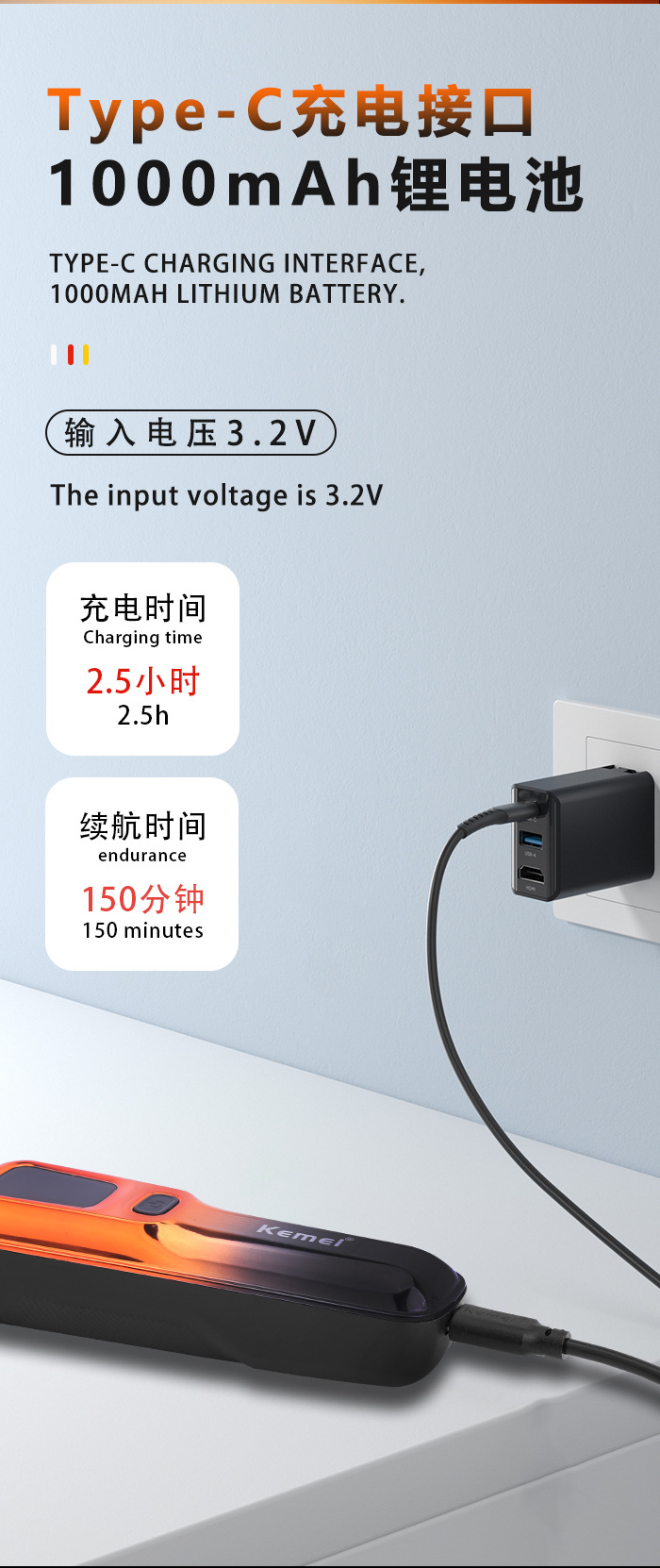 kemei科美家用智能数显电动理发器USB快充油头雕刻推剪详情6