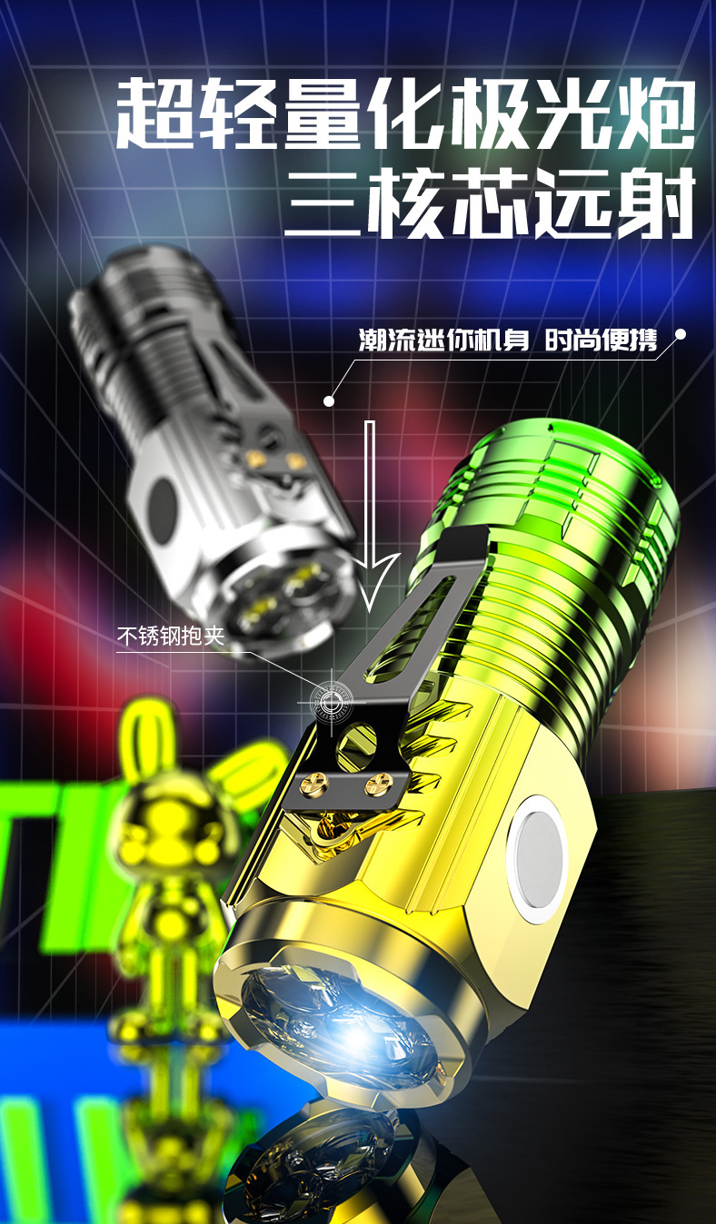 New outdoor LED high-intensity flashlight mini super portable multi-functional holder magnetic rechargeable three-eyed monster pic 1