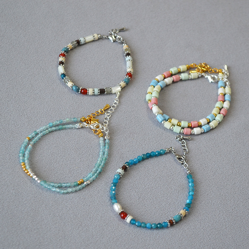 法式小众设计文艺复古时尚简约彩色真石串珠叠带个性气质细手链女详情4