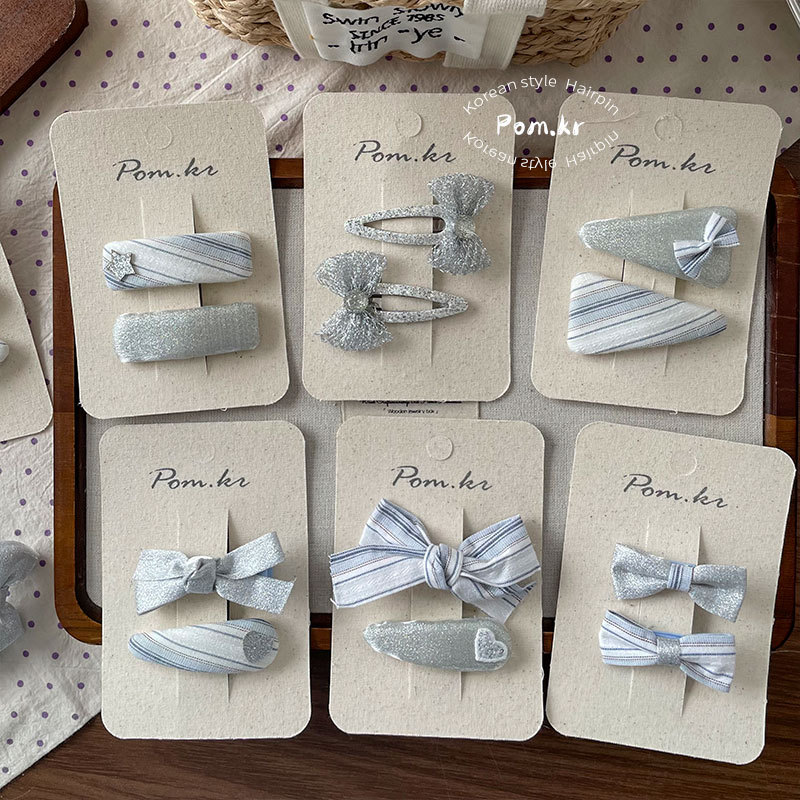 新款韩版蓝色系细闪蝴蝶结发夹少女前额碎发刘海夹儿童布艺掰掰夹详情9