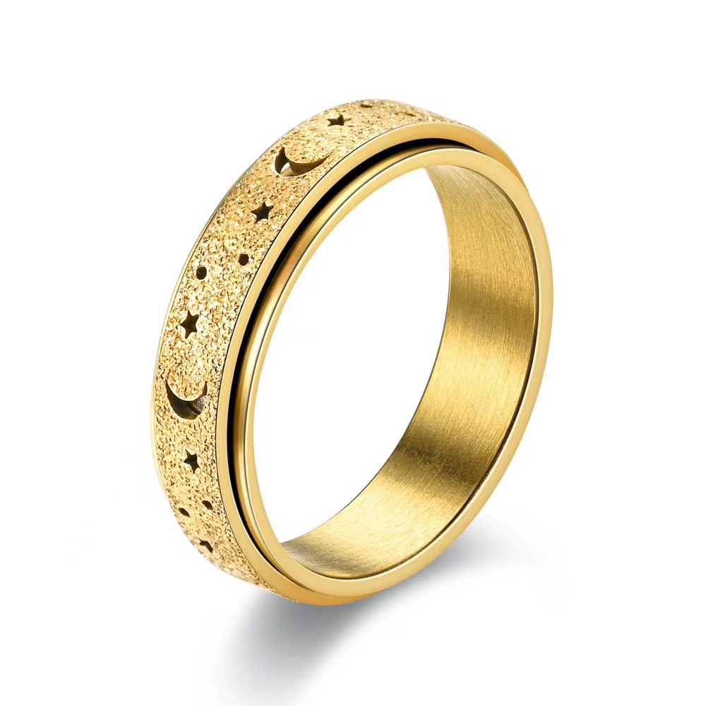 欧美跨境不锈钢戒指时尚简约镂空磨砂星星月亮戒指可转动减压指环详情7