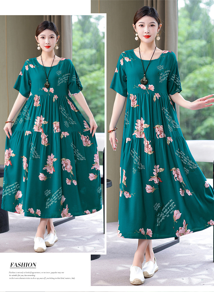 妈妈棉绸连衣裙夏季中老年女装短袖高端气质外贸人造棉裙子有口袋详情16