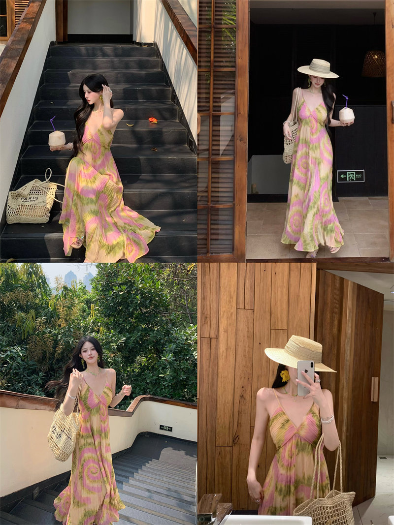 法式油画晕染黄色碎花吊带连衣裙泰国海边度假沙滩裙长裙女夏详情25