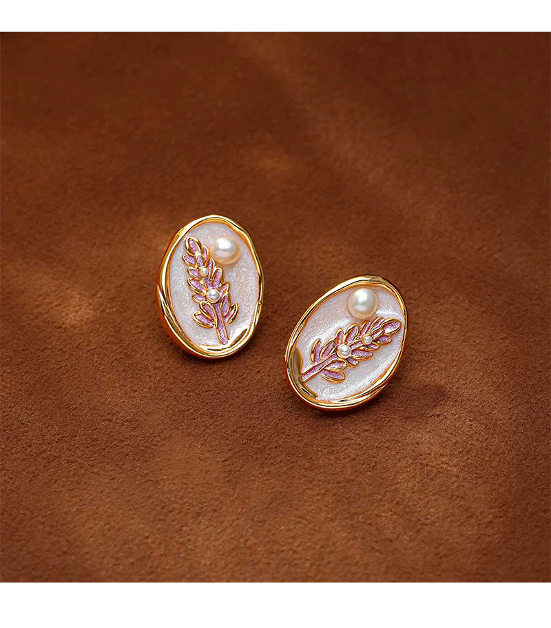 Hyacinth enamel pearlescent drop glaze oval Earrings, live-streaming bestsellers pearl earrings, French retro style oil painting wheat ear earrings pic 2