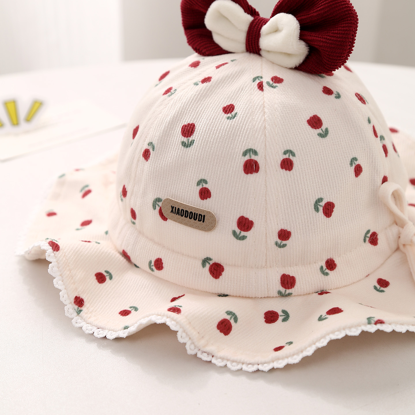 婴儿帽子春秋季花朵蝴蝶结女童渔夫帽冬天可调节防风遮阳宝宝盆帽详情3