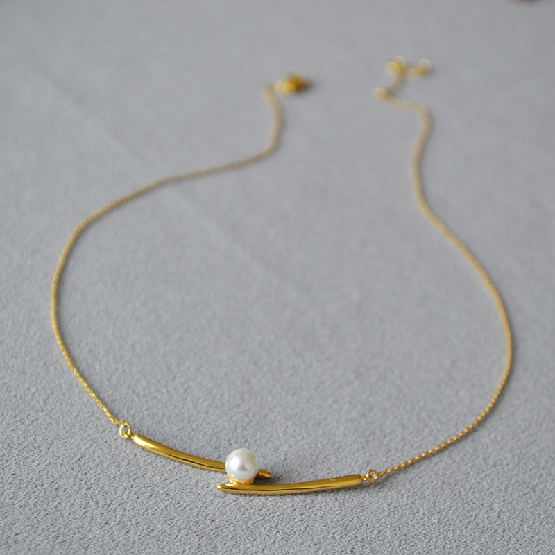 日韩小众设计黄铜镀金交叉微笑珍珠时尚简约轻奢高级感项链锁骨链详情2