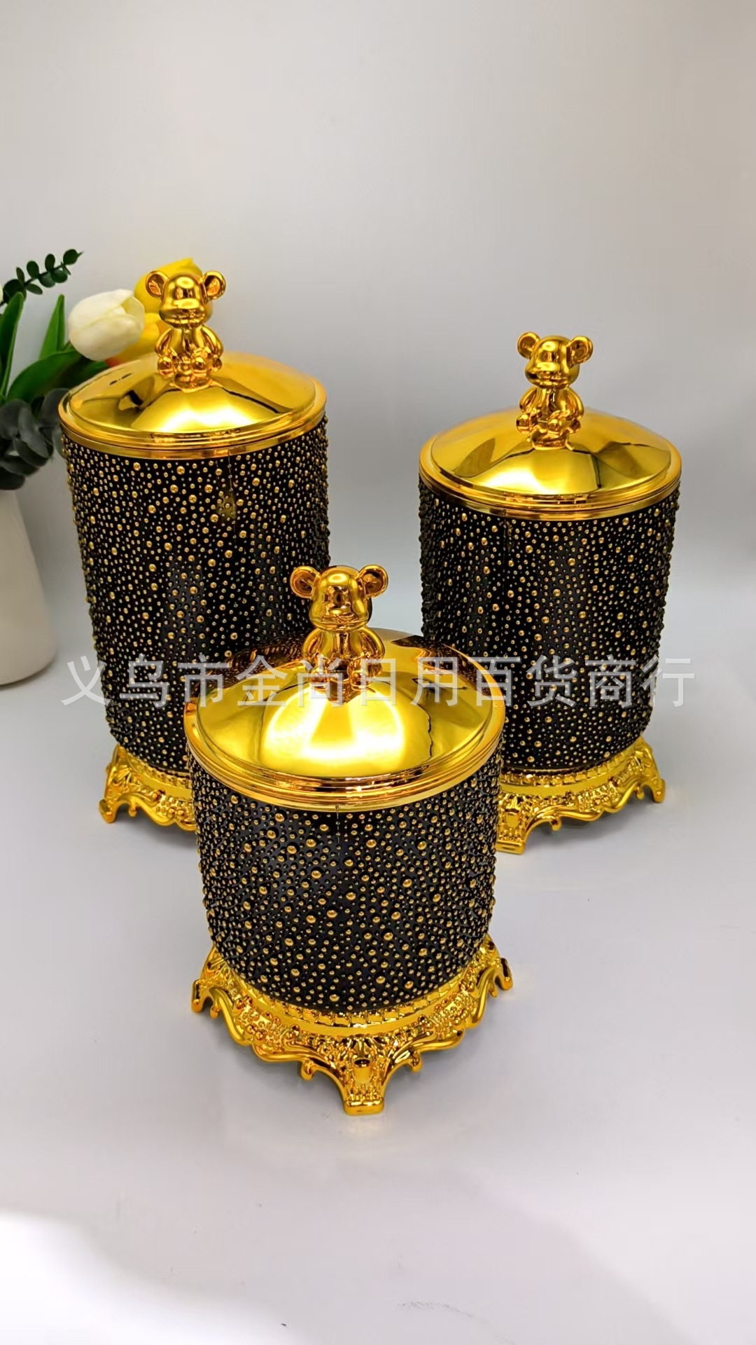Plastic bear lid, round rice beads, gold edge, round stand, storage tank, kitchen rice storage tank with color box pic 3