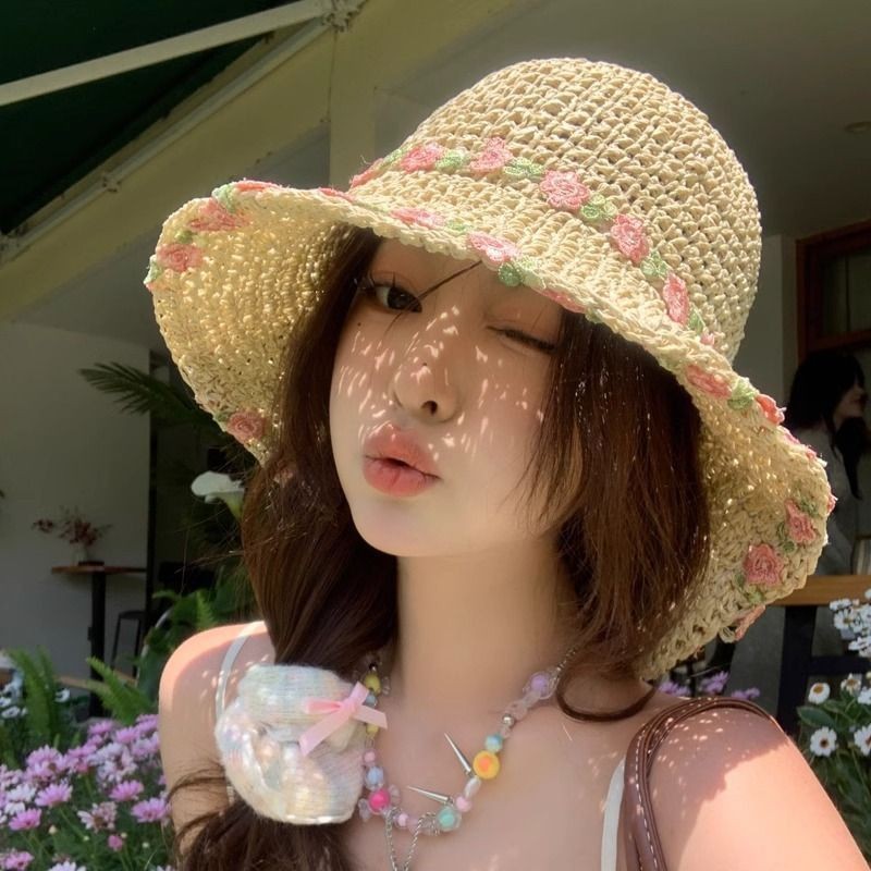 Little flower straw hat, country-style straw woven hat, vacation and travel, seaside sun hat, beach sun protection hat, summer pic 3