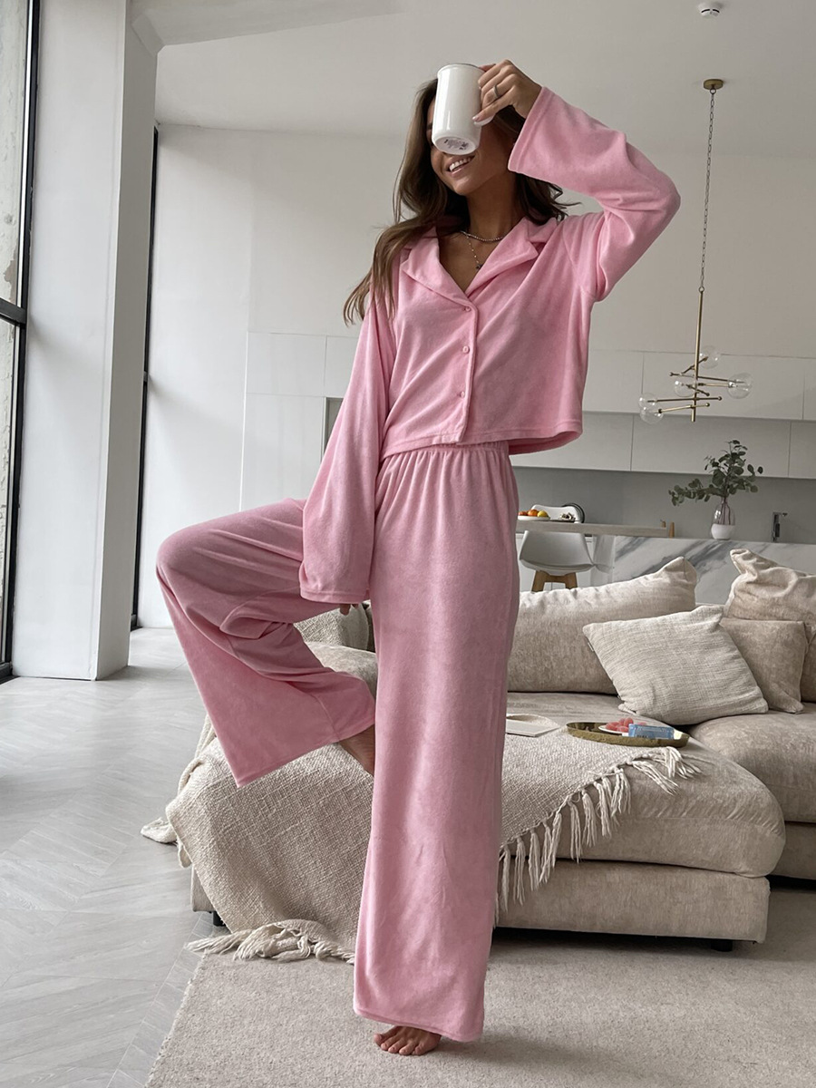 Cross-border pink fleece long-sleeved and long pants pajama set, European and American autumn and winter new cardigan pajamas, comfortable home wear for women pic 5