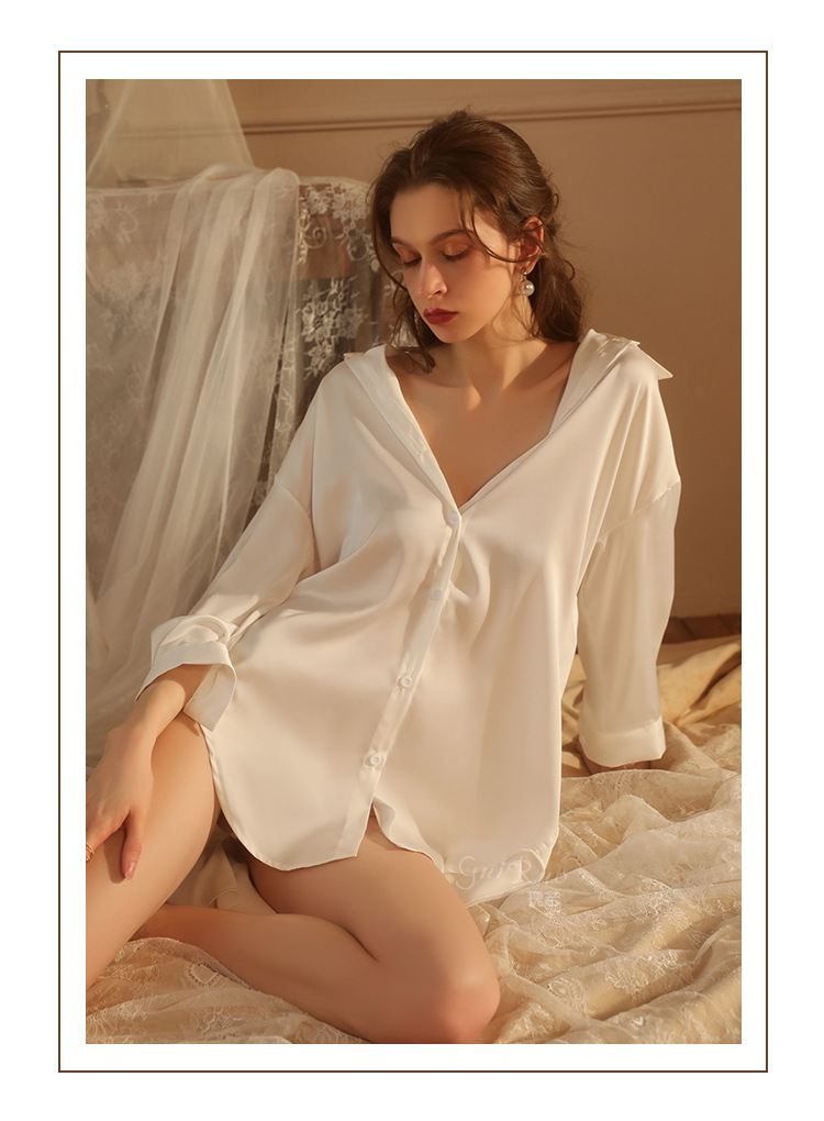Guiruo Spring/Summer Sexy Loose Plus-size Boyfriend Style Solid Color Shirt Pure Desire Seductive Nightgown Home Wear Set 1902 pic 6