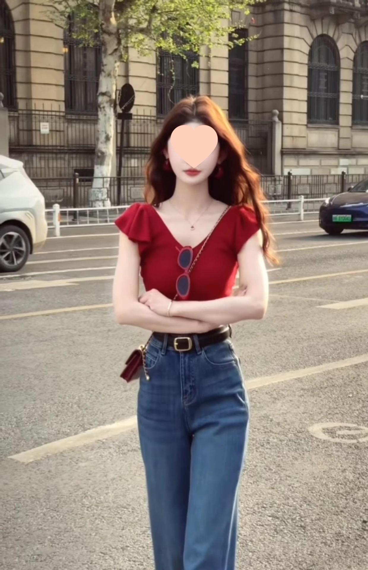 红色V领短袖针织衫正肩T恤女夏季修身显瘦纯欲辣妹小飞袖短款上衣详情1