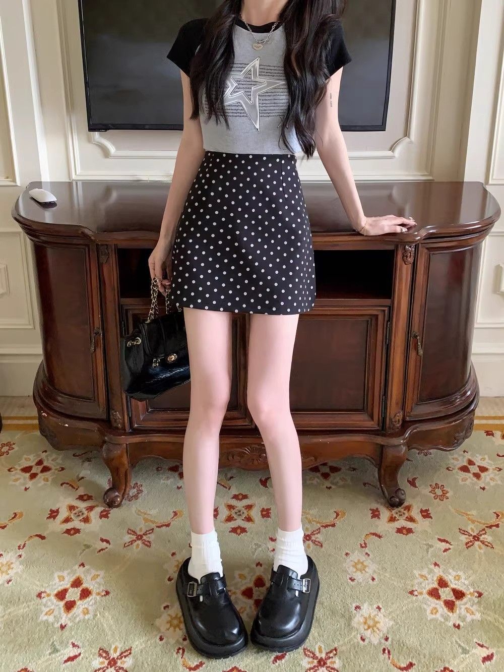 简漫妮波点半身裙夏季休闲百搭包臀裙女辣妹高腰A字裙西装短裙子详情14