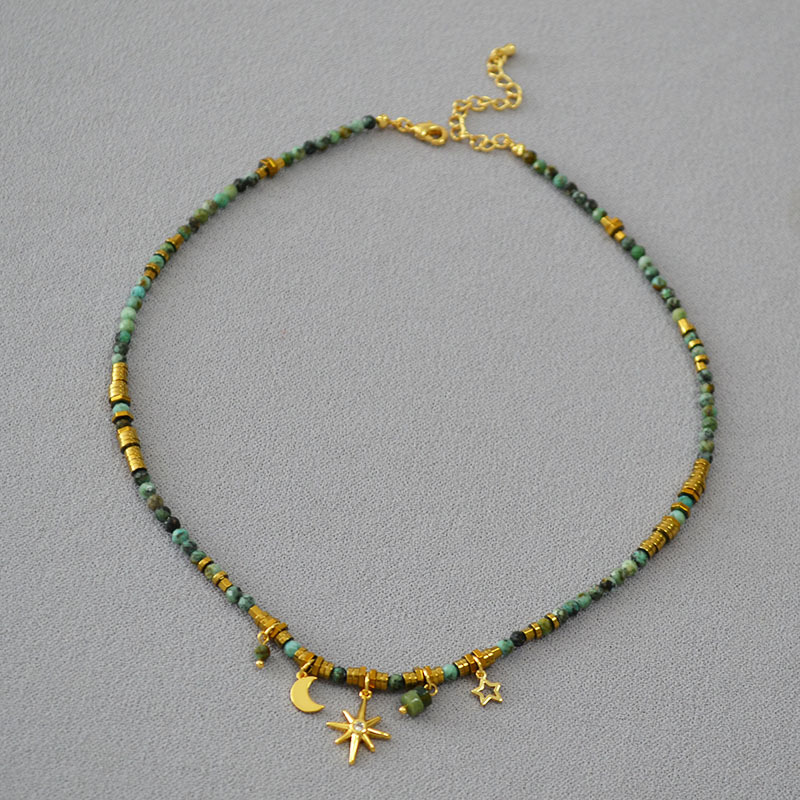 秋冬新款欧美小众设计复古文艺绿松石串珠星星月亮挂坠短款项链女详情7