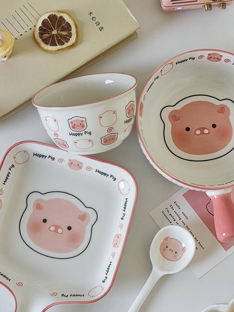 卡通可爱猪泡面碗家用高颜值陶瓷饭碗盘子新款釉下彩碗碟套装批发详情2