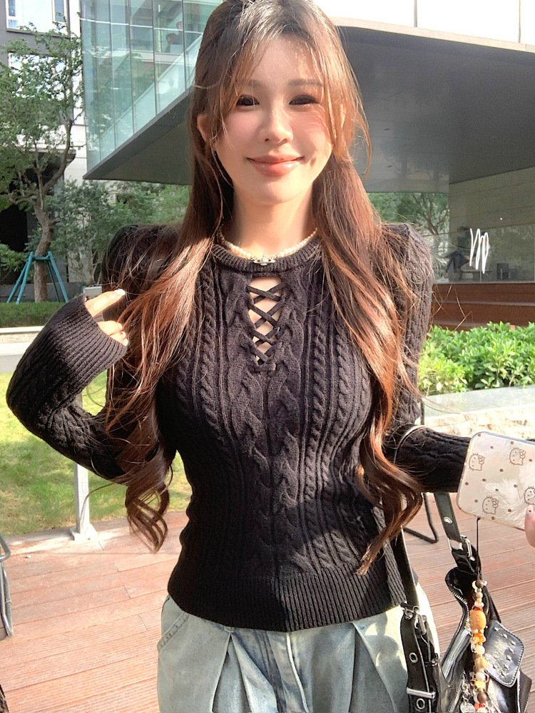 白色圆领镂空针织衫女秋冬修身长袖麻花毛衣打底内搭辣妹紧身上衣详情26