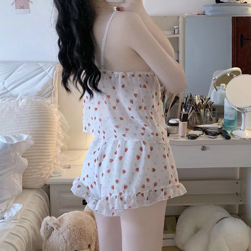 情趣内衣性感日系少女草莓雪纺睡衣吊带诱惑分体两件套装家居服详情4