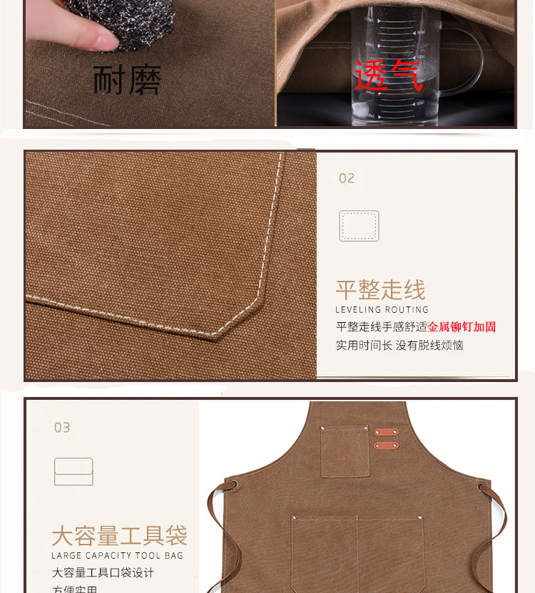 Customized cross-border canvas aprons, waterproof, oil-proof and stain-proof, coffee and milk tea shop waistbands, home kitchen work uniforms for foreign trade pic 16