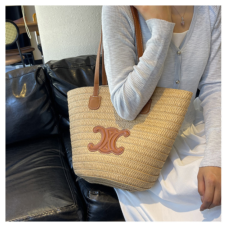 单肩草编包女士手提包大容量夏日旅游沙滩包手工编织菜篮子腋下包详情6