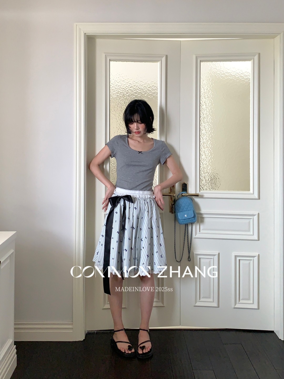 CZ ZHANG夏季韩版少女感减龄蝴蝶结拼接U领纯色天丝短袖T恤B20757详情33
