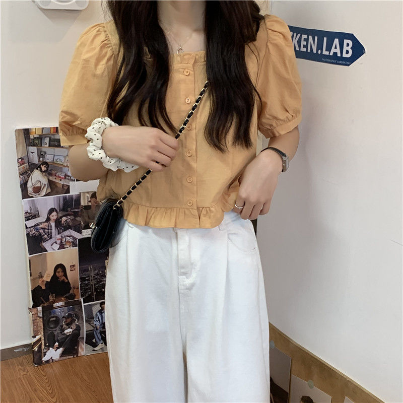 短袖衬衫女设计感小众夏季法式甜美减龄短款上衣方领小个子娃娃衫详情16