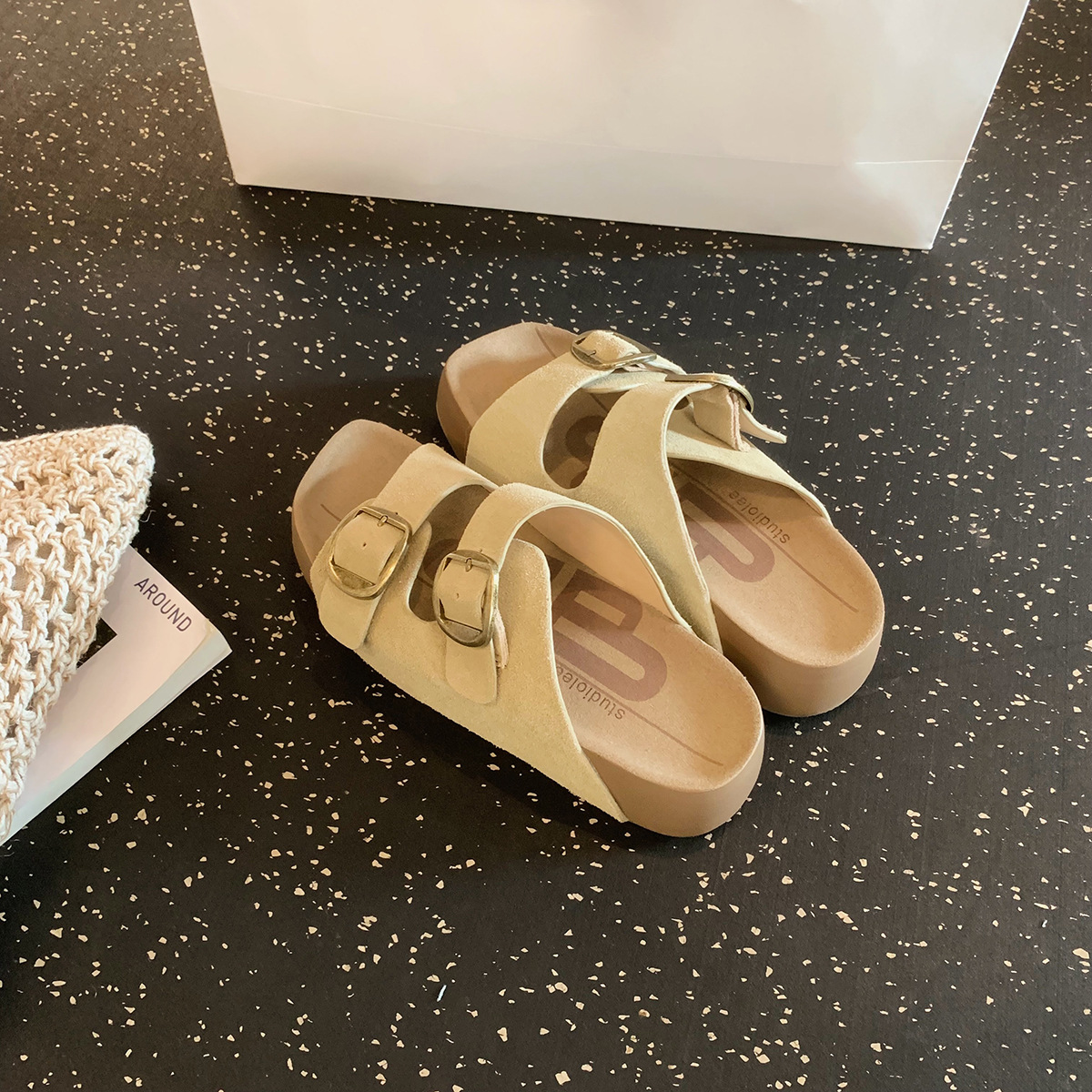 葡萄妈同款~ 真皮牛纹双扣带4.5cm厚底百搭懒人一脚蹬凉拖鞋女夏详情11