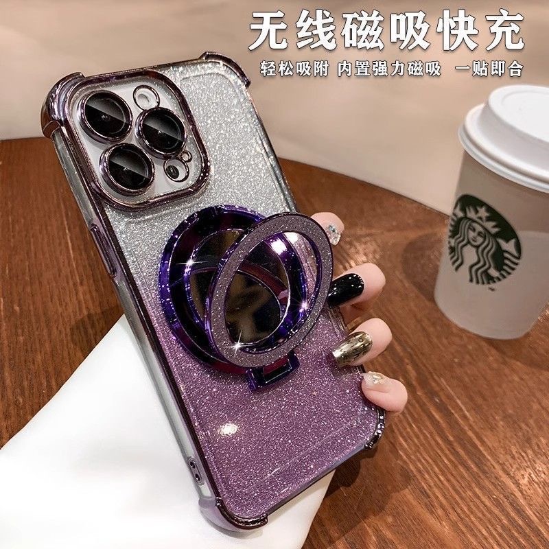 闪粉镜子磁吸支架14适用苹果15手机壳iphone16E四角防摔电镀软壳详情10