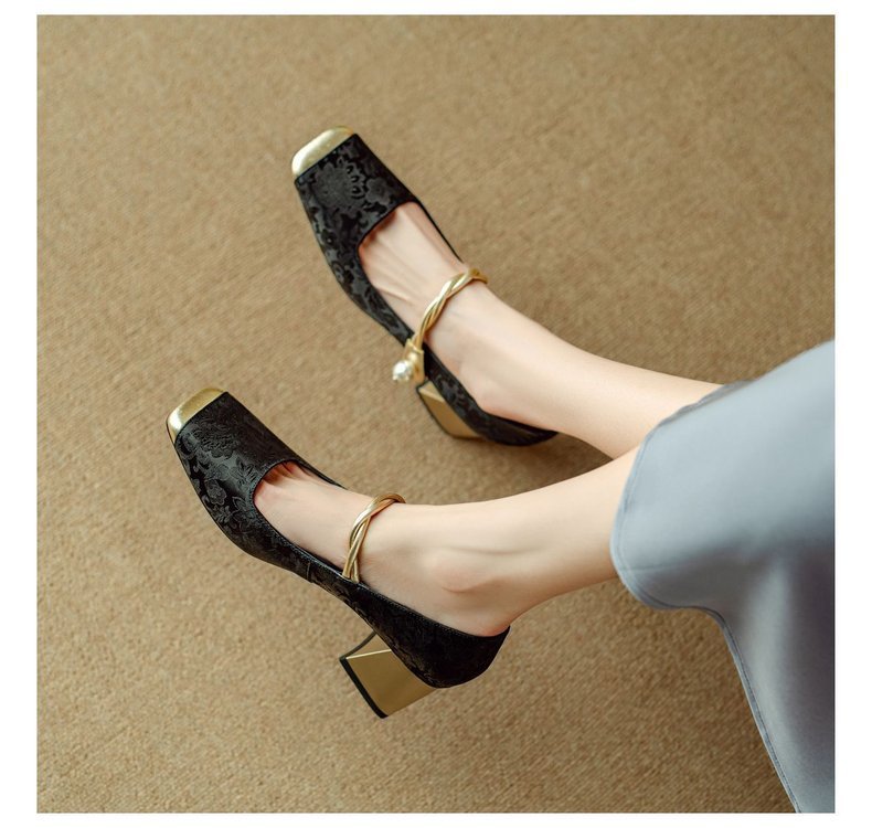 春季高跟鞋女一字带单鞋新中式国风拼色方头玛丽珍鞋法式珍珠粗跟详情9