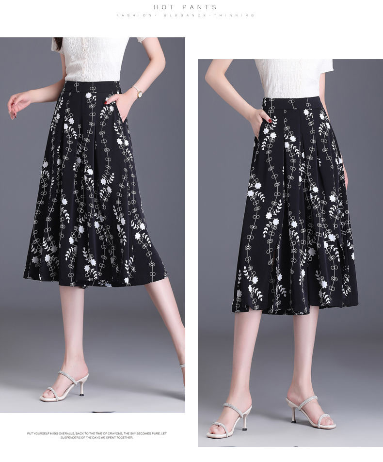 Black and white printed caprix pants for women, summer thin chiffon split skirt pants, loose casual pants, high-end ice silk wide-leg pants pic 10