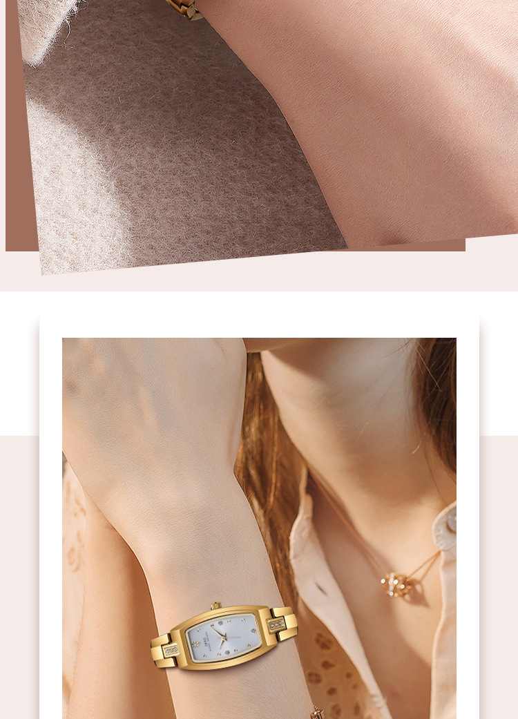 IBSO輕奢酒桶形女士石英表金色鑲鉆小表盤時尚簡約腕表詳情8