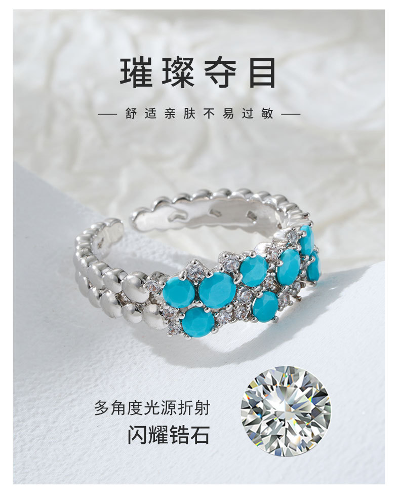 Light luxury high-end color gemstone open ring, slightly inlaid with zirconium blue pine emerald champagne adjustable ring in copper alloy pic 16