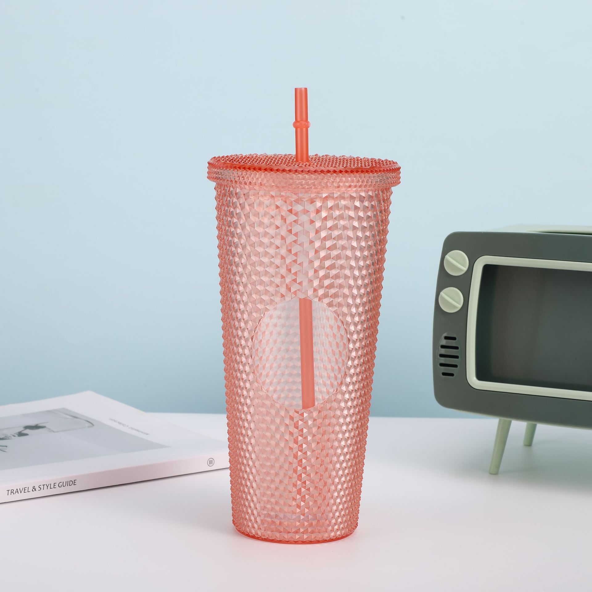 Cross-border Star Dad Double-layer Durian Cup, large-capacity plastic Straw Cup, Creative Star Bar High Appearance Level, Prickly water cup pic 11